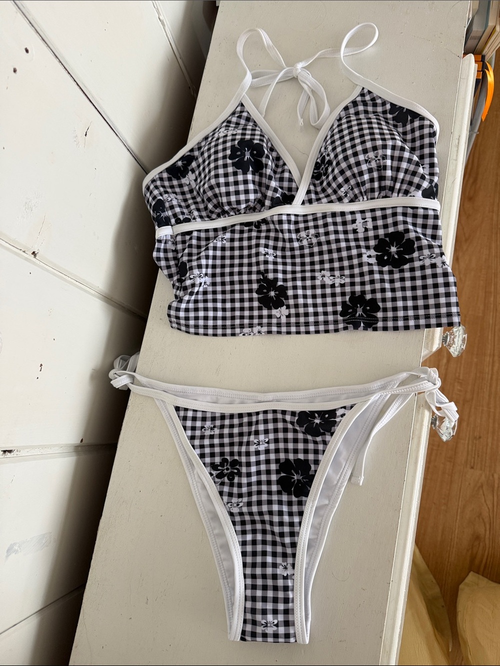 Black & White Gingham Floral Two-Piece Bikini